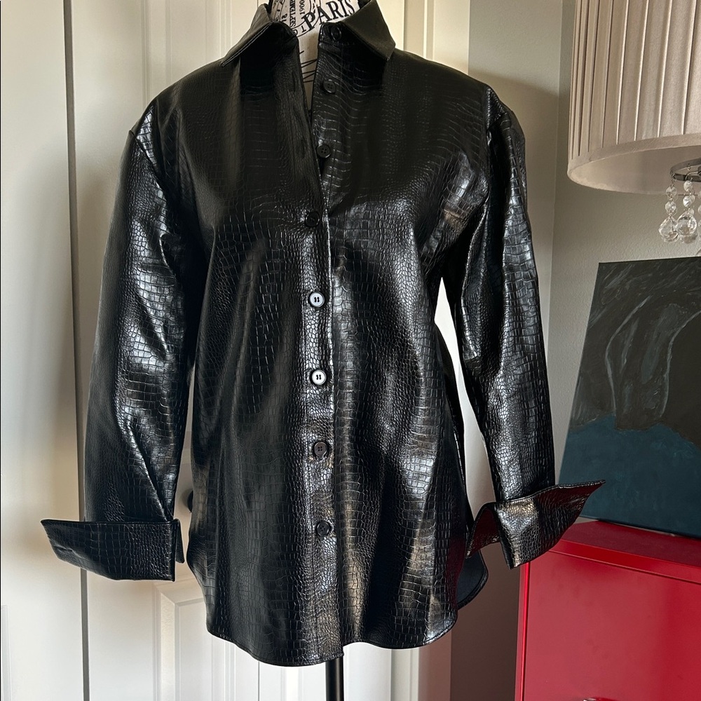NWT Black Faux Leather Button-Up Shacket by Bohme